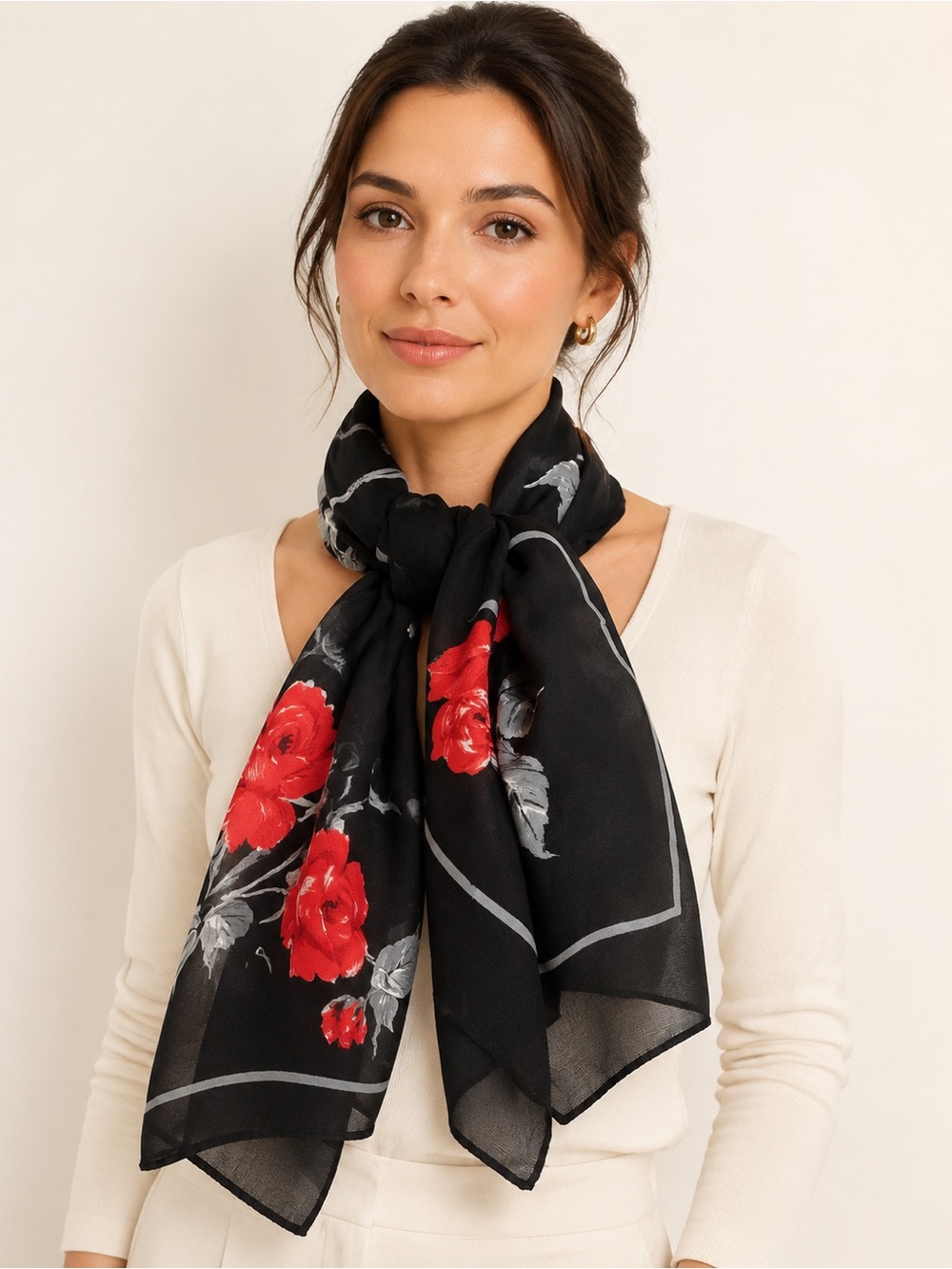 Honig Scarves Black Red Rose Floral Scarf Made in Italy